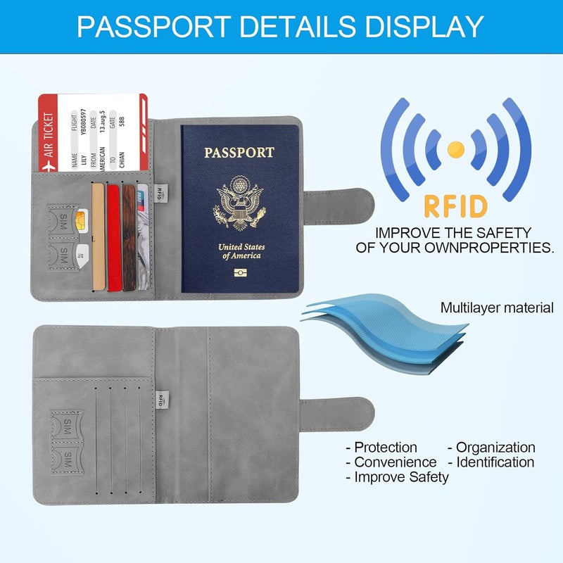 Sovirose Passport Holders, RFID Blocking Credit Card Holder, PU Leather Vaccine Card Holders for Travel with Magnetic Buckle, Travel Must Haves Cruise Ship Essentials for Men, Women (Grey) - Image 3